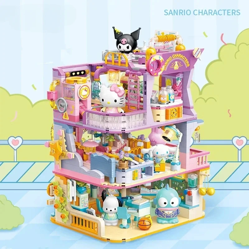 Anime Kawaii Cartoon Sanrio Academy Series Building Blocks Kuromi Kitty Assembly Toys Ornaments Figures Girls Birthday Gifts