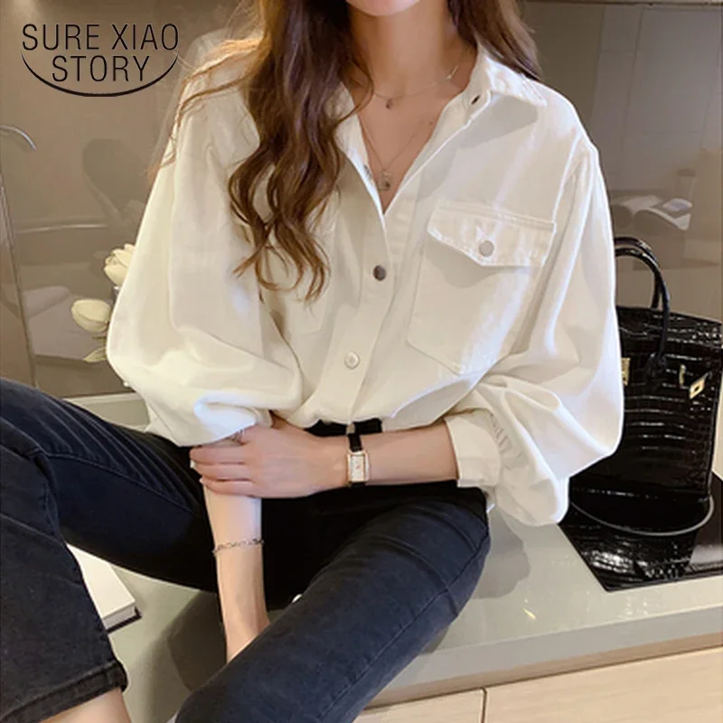 Solid Cotton White Shirt Women Autumn New Loose Long Sleeve Denim Shirt Sunscreen Jacket Cotton Women Tops Blusas Mujer 12450