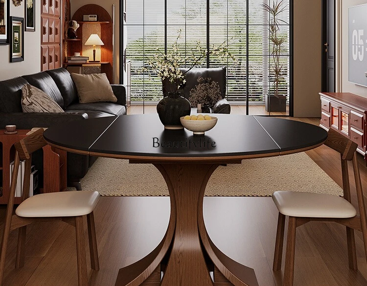 

4*Medieval dining table retractable small apartment French rock slab variable round table solid wood folding