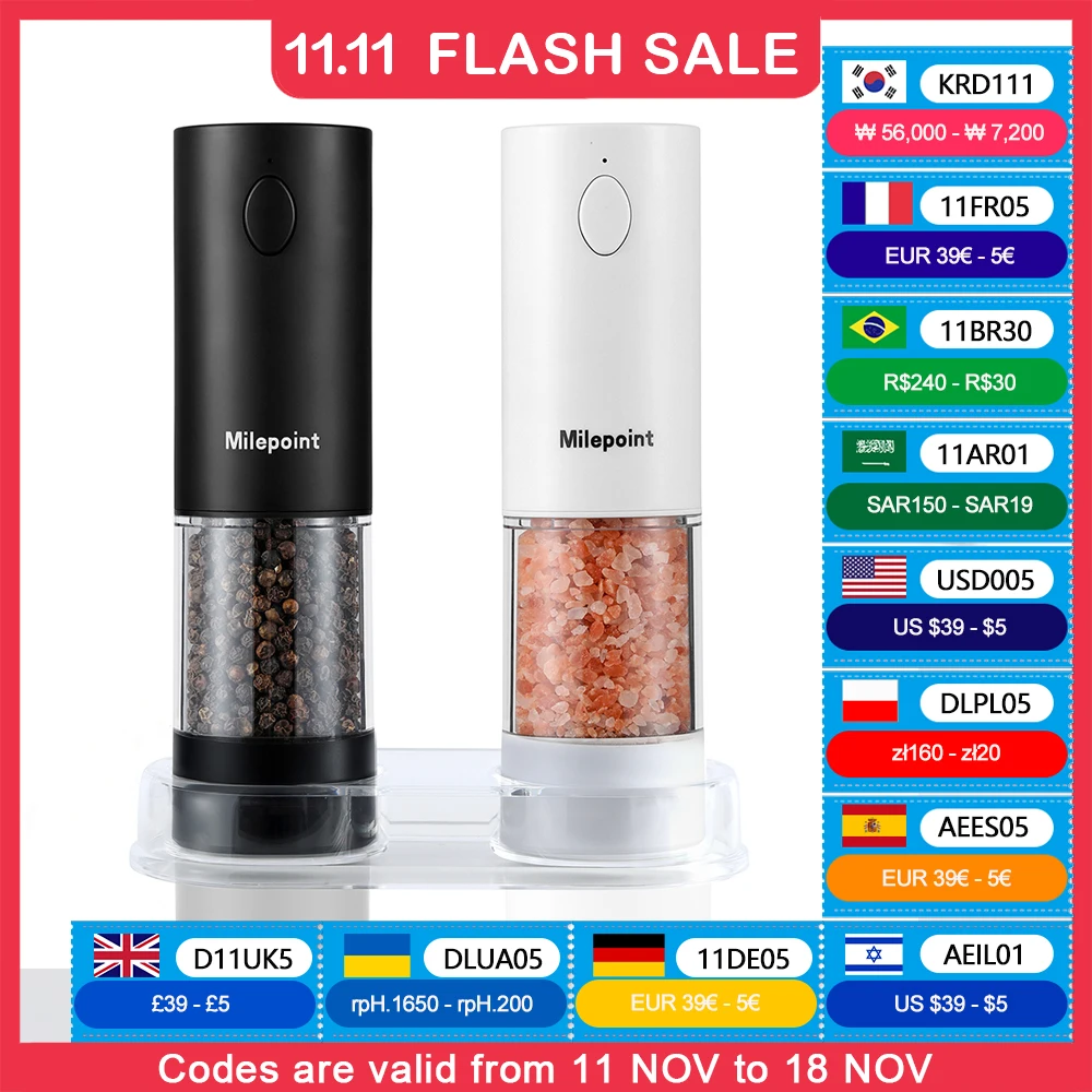 NEW Milepoint Electric Salt and Pepper Grinder Set Seasonings Spice Mill LED Light 5-Mode Rechargeable 2pcs Kitchen Cooking Tool