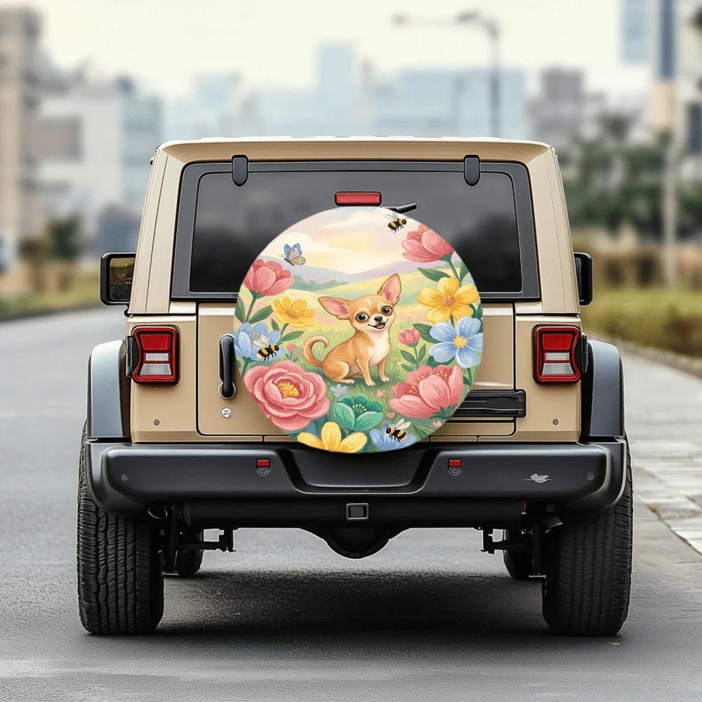 Chihuahua And Floral Pattern 30/34 Inch Multi-Functional Tire Cover, Suitable For Jeep, Trailer, RV, Off-Road Vehicle, Truck, Ca