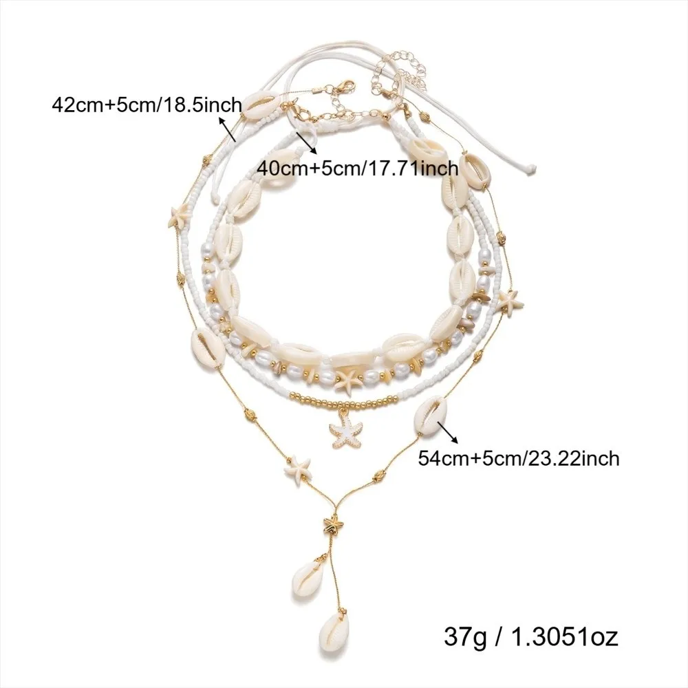4Pcs/Set Vintage Boho Starfish Pendant Necklace Multilayer Imitation Pearl Shell Choker Beads Seashell Choker Beach