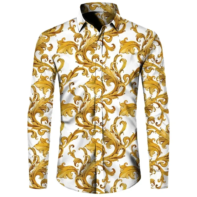 2024 Luxury Golden Flower Chain 3D Print Men Long Sleeve Shirt Casual Mens Designer Clothing Streetwear Lapel Button Shirts