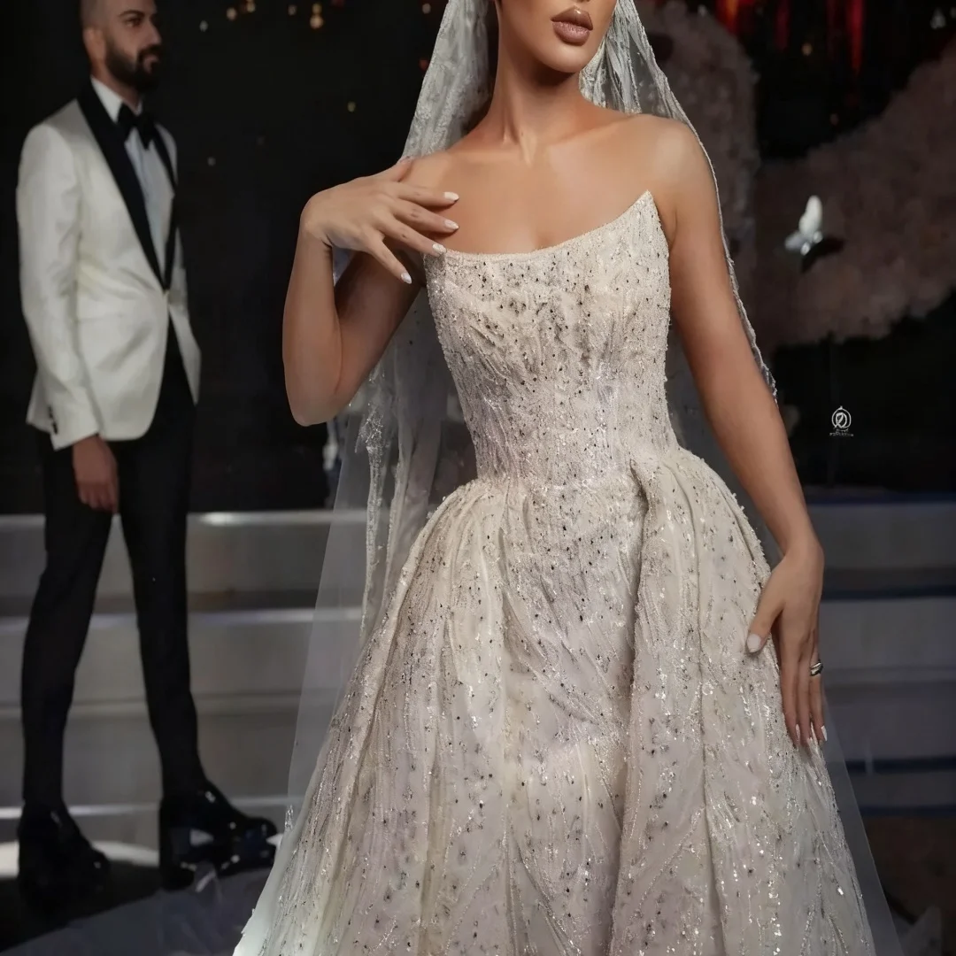 Vestido de fiesta de lujo personalizado, vestidos de novia de manga larga con lentejuelas y Apliques de encaje, vestidos formales de fiesta de novia