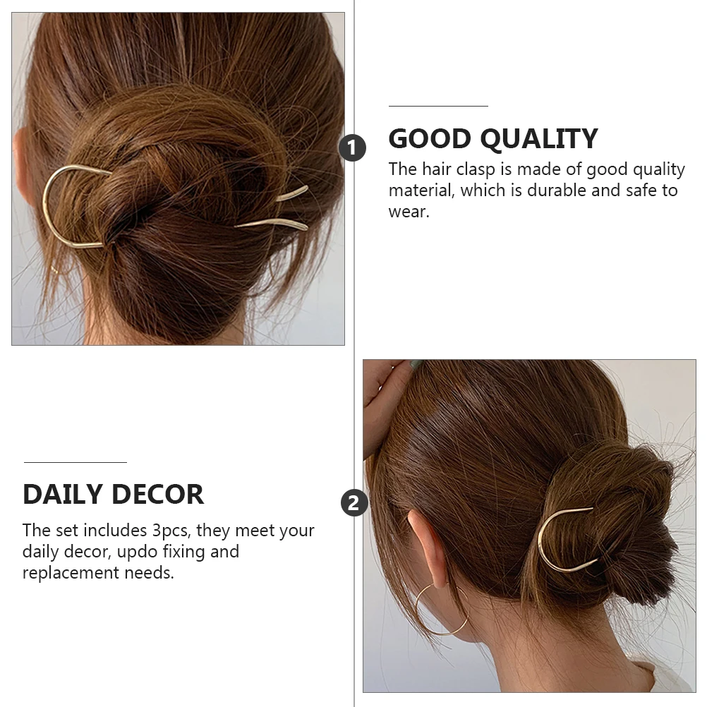 

3pcs U Shaped Hair Clasp For Women Simple Alloy Hairpin Updo Hair Stick Decor Daily Party Use Durable Hairstyle Accessories