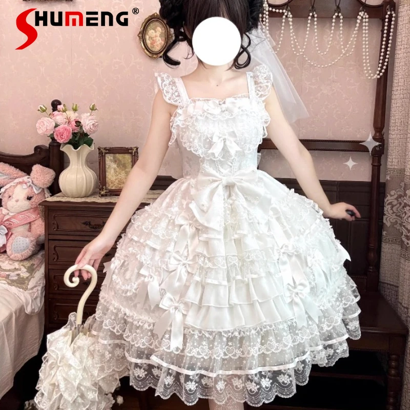 

Women's Sweet White Flower Wedding Dresses New Girl's Woman's Cute Bow Tail Lace Lolita Princess Dress Y2K Birthday Dress JSK
