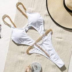 Sexy Metal Chains String High Cut One Piece Swimsuit Women Swimwear Female Monokini Tummy Cut Out Bathing Suit Swim Beach Wear