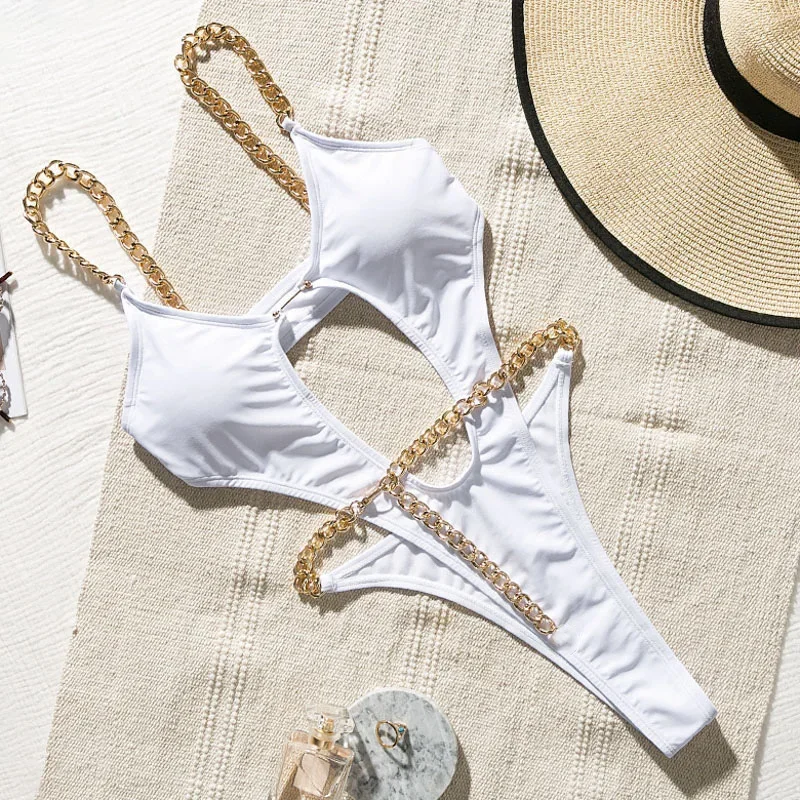 Seksowne metalowe łańcuchy String High Cut Jednoczęściowy kostium kąpielowy dla kobiet Stroje kąpielowe dla kobiet Monokini Tummy Cut Out Strój kąpielowy do pływania na plaży