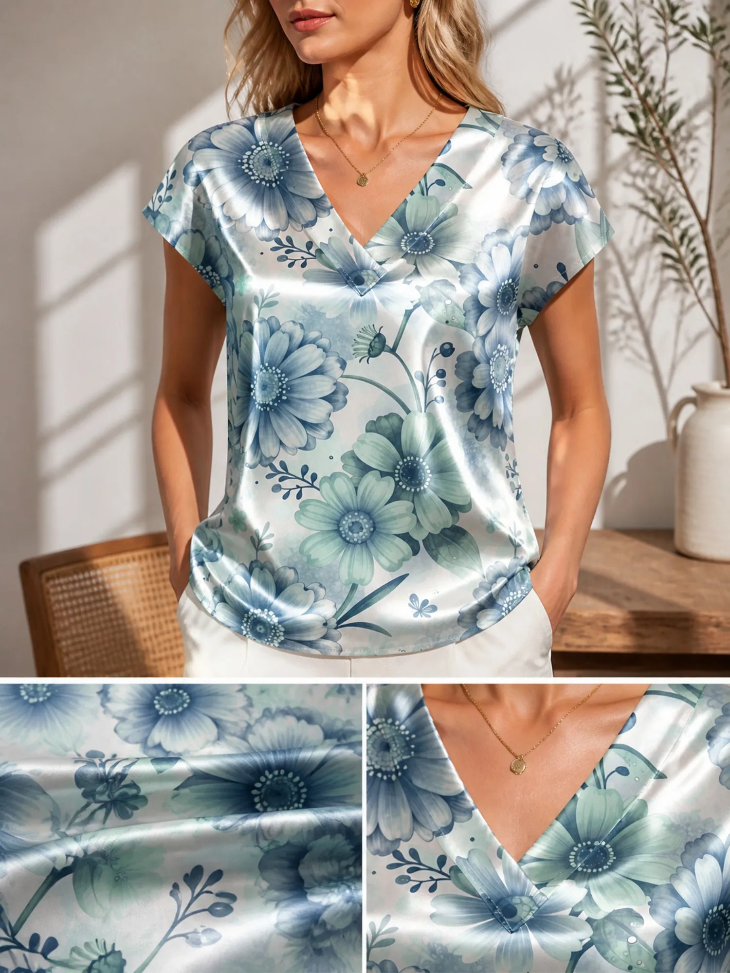Floral Satin V Neck Top for Women Cap Sleeve Comfort Draped Fit Silky Travel Cafe Leisure Wear Lightweight Breathable Silky Glam