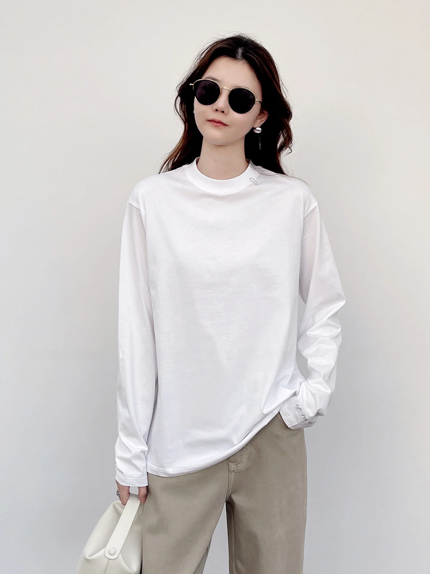 

Корейская модная футболка с длинным рукавом, вышитая, плотная, повседневная, универсальная, белая, хлопковая, женская, новинка 2026 года