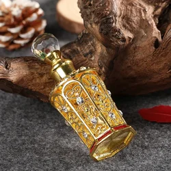 12ML Gold-plated Perfume Bottle Vintage Big Mouth Sub-Bottling Hollow Engraved Diamond Crystal Cap Essential Oil Gift Home Decor