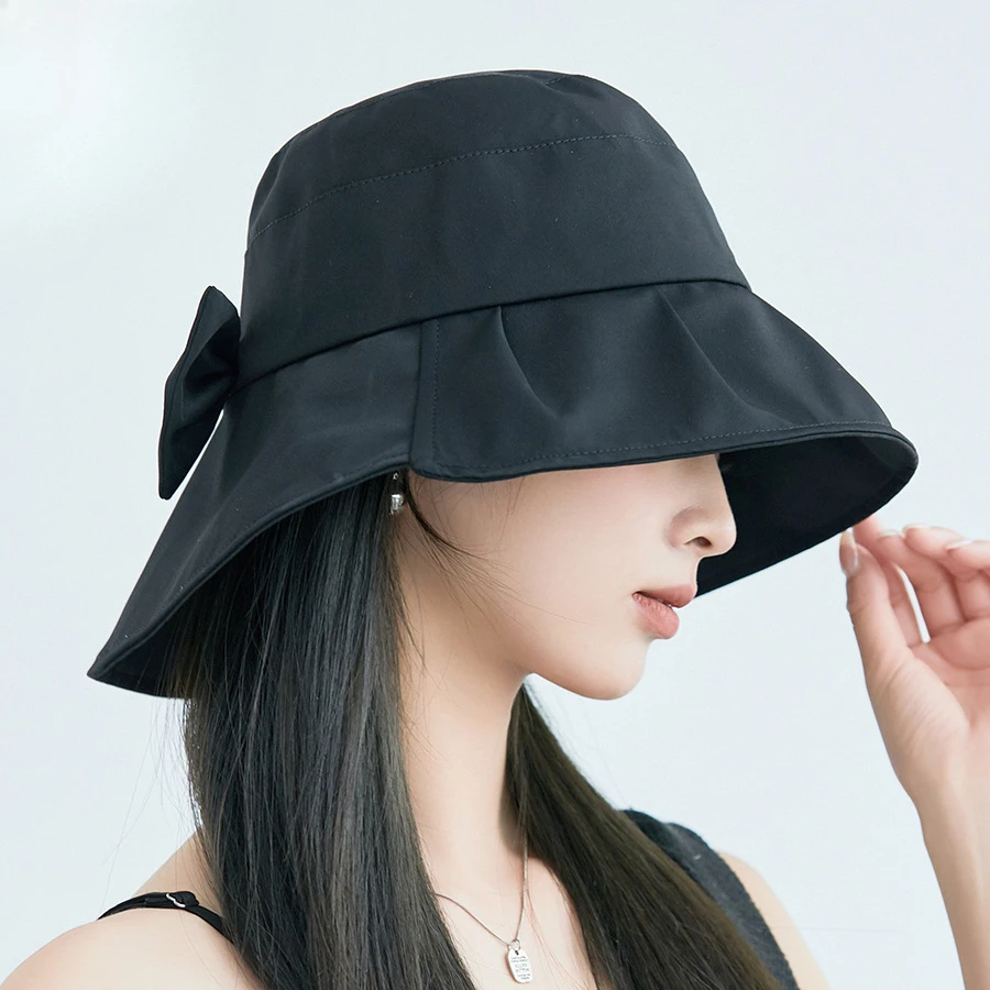 Niche Japanese Style Fisherman Hat Female Summer Simplicity Graceful Bow Sun Hat Pure Color All-Matching Leisure Sun Hat