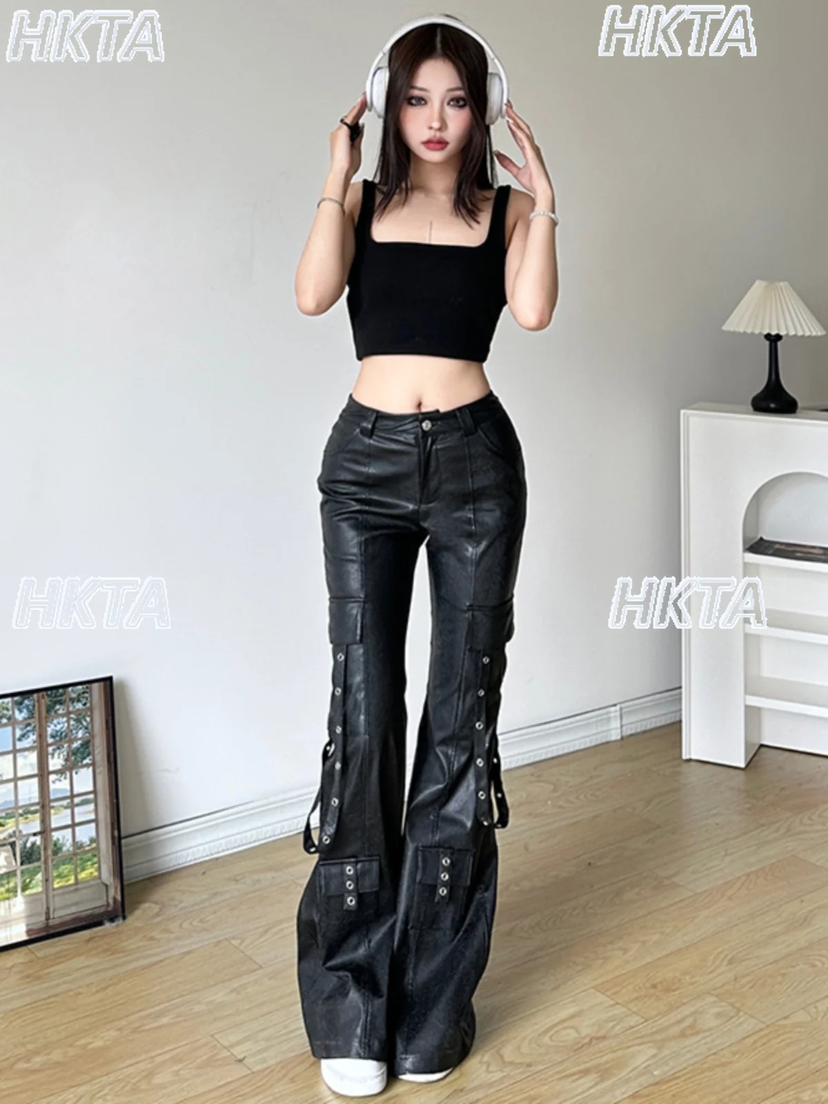 

Streetwear Hot Girls Y2k Personality Ribbon Pocket Motorcycle Pu Leather Pants Women's High Waist Skinny Black Pu Flared Pants
