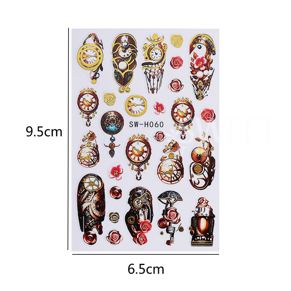 2 szt. Naklejki na paznokcie na Nowy Rok, samoprzylepne, retro zegar, róża, kwiat, koła zębate, ozdoby do manicure, naklejki na paznokcie, akcesoria do paznokci