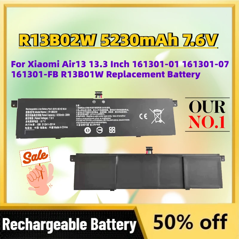 Upgrade R13B02W 5230mAh 7.6V Laptop Battery for Xiaomi Air13 13.3 Inch 161301-01 161301-07 161301-FB R13B01W Replacement Battery