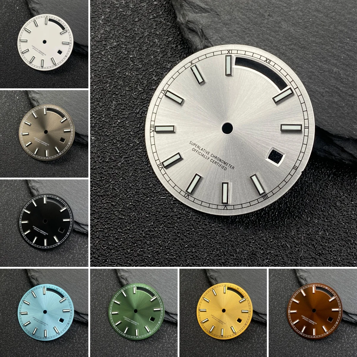 Аксессуары для циферблата 31 мм, без логотипа, днем и датой, зеленый светящийся циферблат Fot 8285, аксессуары для механизма, циферблат, индивидуальный дизайн логотипа, услуги