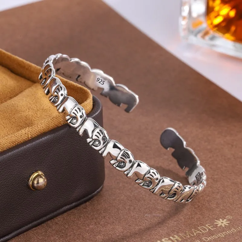 VENTFILLE 100% Solid 925 Sterling Silver Retro Bracelet for Women Men Vintage Handmade Elephant Bracelet Birthday Gift