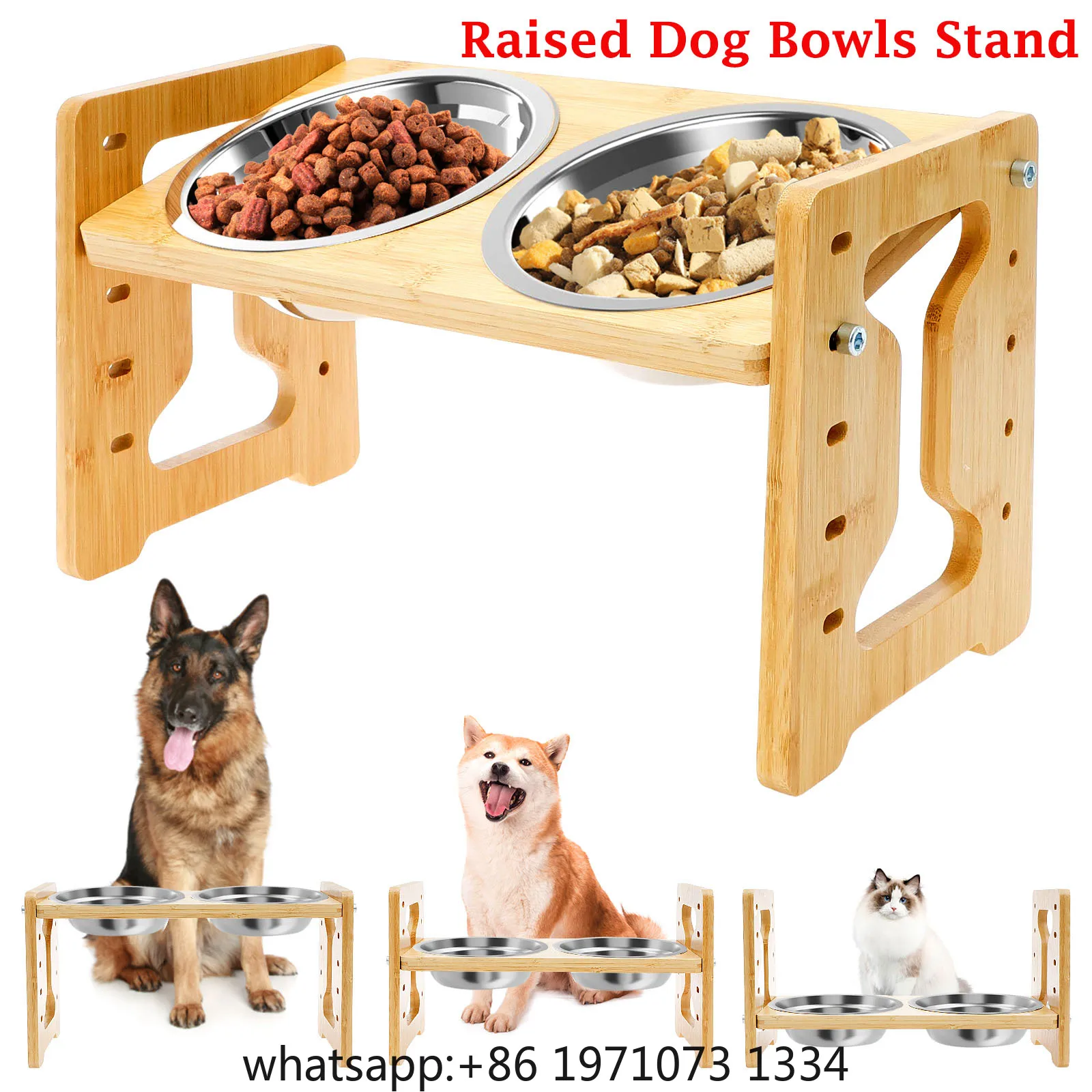 Elevated Dog Bowls Wood Tilted Adjustable Dogs Feeder Stand with Stainless Steel Food Bowls for Your Cat and Dog Pet Accessories