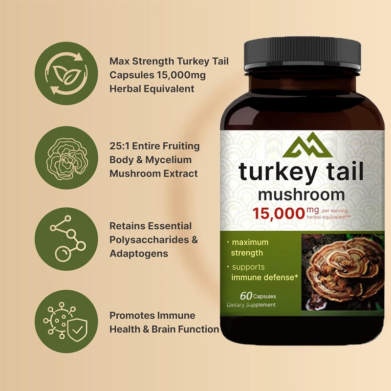 

Turkey Tail Mushroom 60 Capsules | 25:1 Fruit Body and Mycelial Extract - Immune and Brain Health Mushroom Supplement