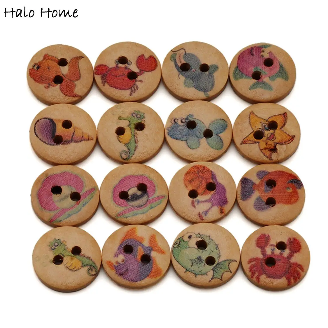 50PCS Sea Creature Print Natural Color Wooden Buttons, Colorful Patterns, DIY Sewing, Clothing Decoration & Craft Projects 15mm