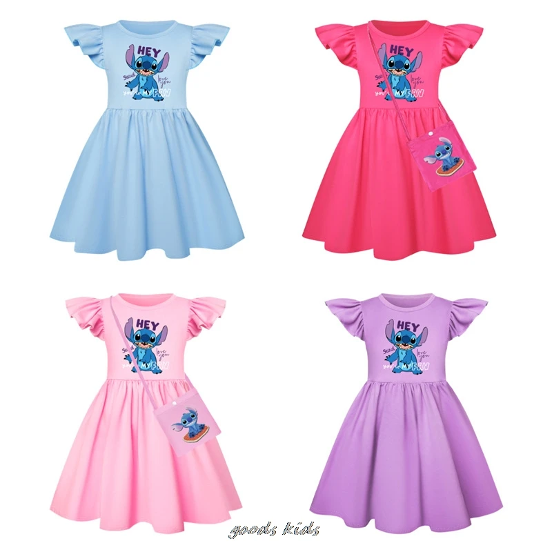 Vestido infantil Lilo e Stitch Cartoon, Vestidos para bebês, roupas infantis, fantasia cosplay, manga voadora, casual, bolsa pequena, quente