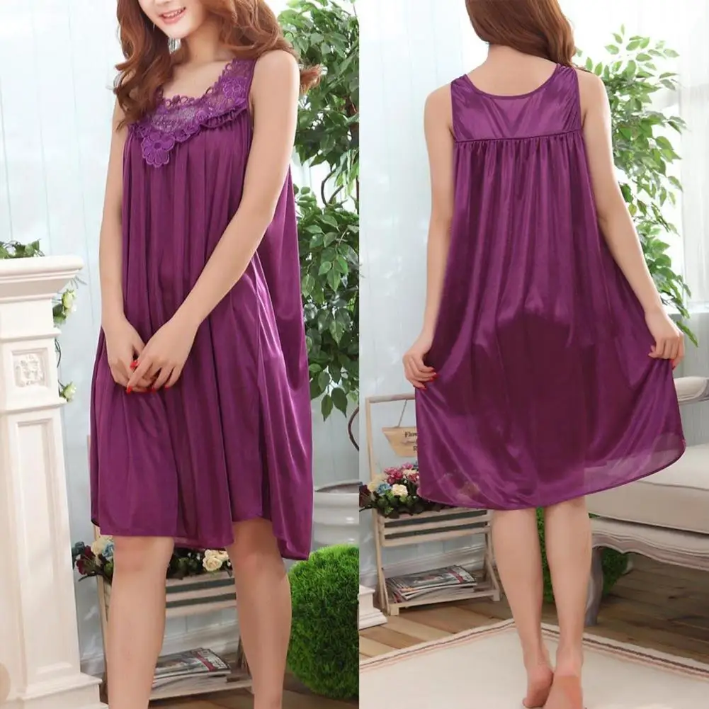 Breathable Sexy Nightdress Nightgown Plus Size Lace Women Lounge Summer Ice Silk Vest Tank Dress Nightgown