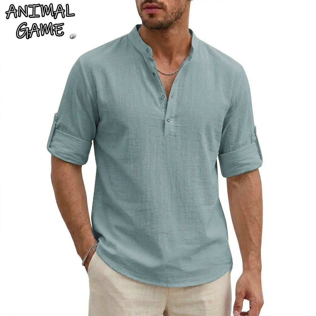 

Мужские хлопковые рубашки-хенли класса люкс, повседневные футболки с длинным рукавом, пляжные гавайские летние льняные рубашки для мужчин, повседневные футболки для спортзала