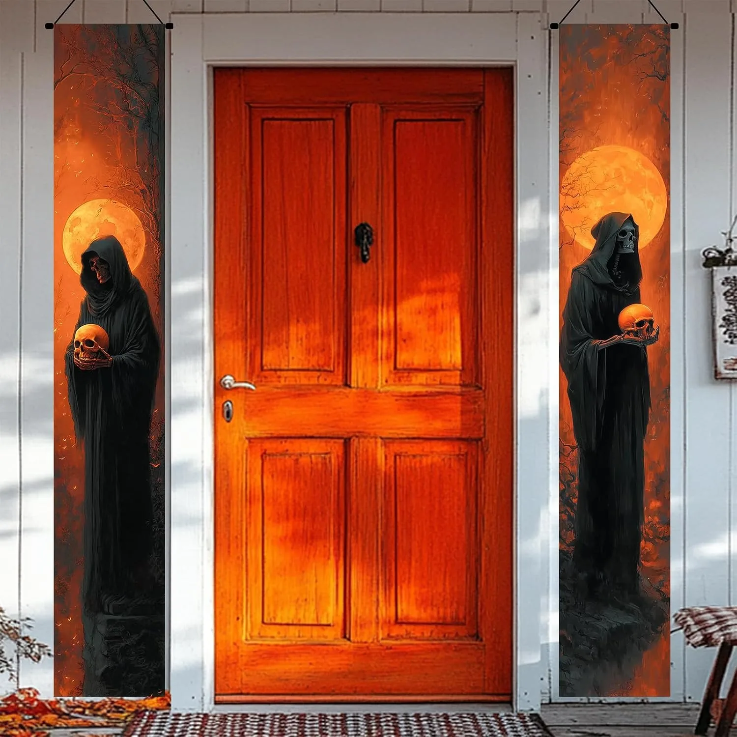 Halloween-Türbanner mit Kürbis, Sensenmann und Geist – Hängedekoration für drinnen und draußen, Party-Hintergrunddekoration, Türzubehör