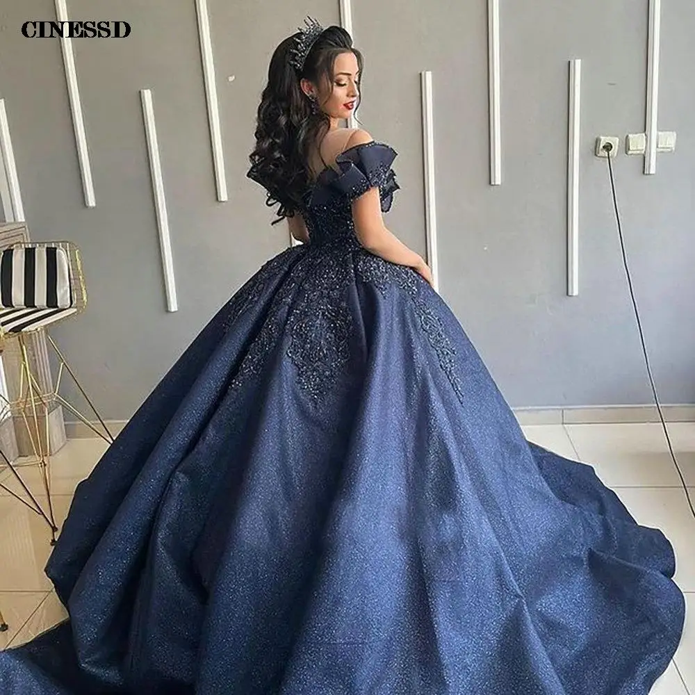 

Navy Blue Sparkly Tulle Beading Crystal Ball Gown Quinceanera Dresses Off The Shoulder Appliques Sweet 16 Vestidos De 15 Años