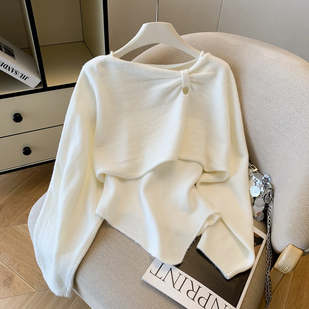 크리스마스 분위기 어깨 노출 스웨터 여성 패션 세트 디자인 감각 소규모 고객 게으른 스타일 가을 겨울 신상품