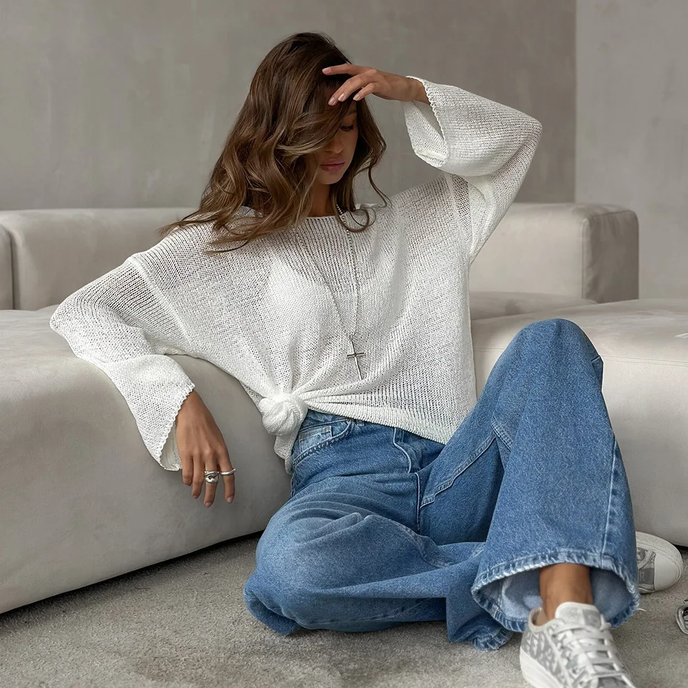 Women's Simple Solid Color Long Sleeve Sweater Spring Knitted Hollow Top Loose Casual Versatile Pullover