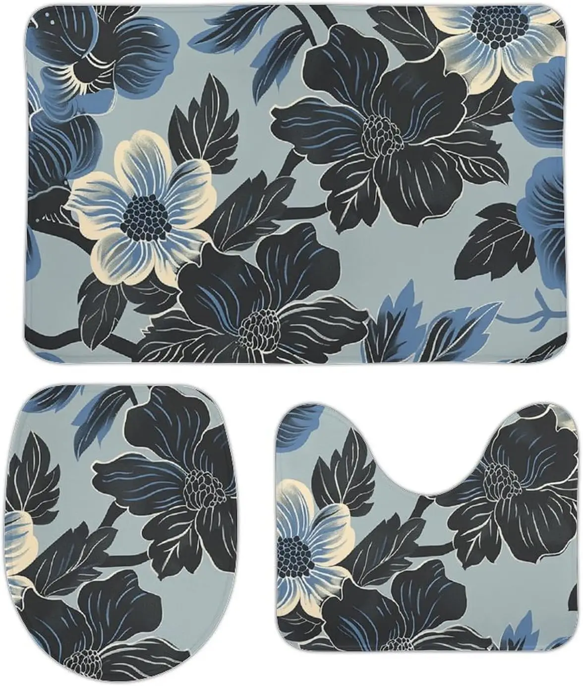 

3 Piece Bathroom Rug Set Non-Slip Bath Mat Set With Gray Flowers Bath Rugs Washable Bath Mat With Toilet Lid Cover Contour Mat