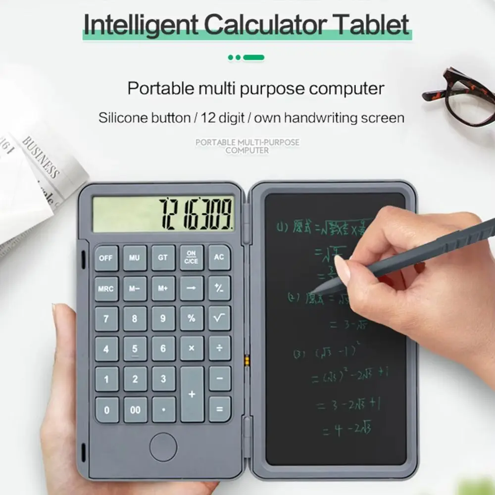Calculadora científica 2 en 1, pantalla grande, almohadilla de dibujo LCD plegable para oficina, pantalla de 12 dígitos recargable