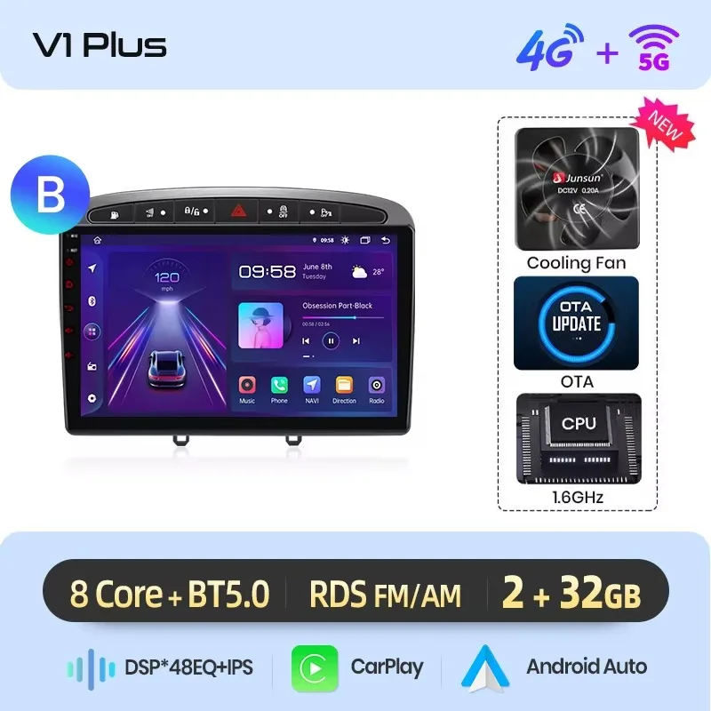 Junsun draadloze CarPlay Android Auto autoradio voor Peugeot 308 / 308 SW Mk1 (T7) / RCZ / 408 2007-2015 met ingebouwde koelventilator, Android GPS navigatie, multimediaspeler, WiFi, DSP, RDS, BT,
