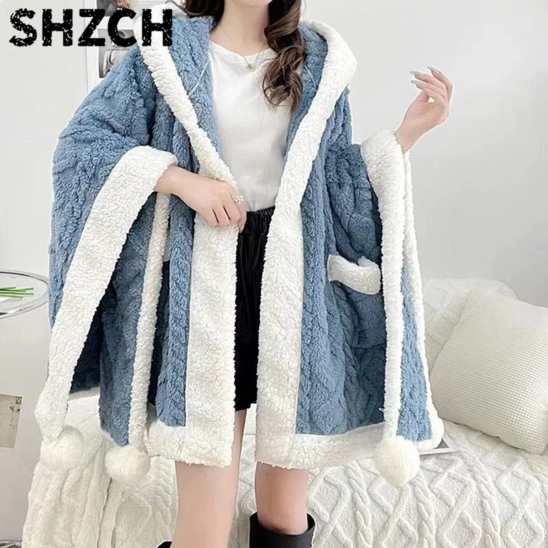 Single Nap Blanket Suede Quilted Warm Shawl Hooded Cape Chinese Style Cloak
