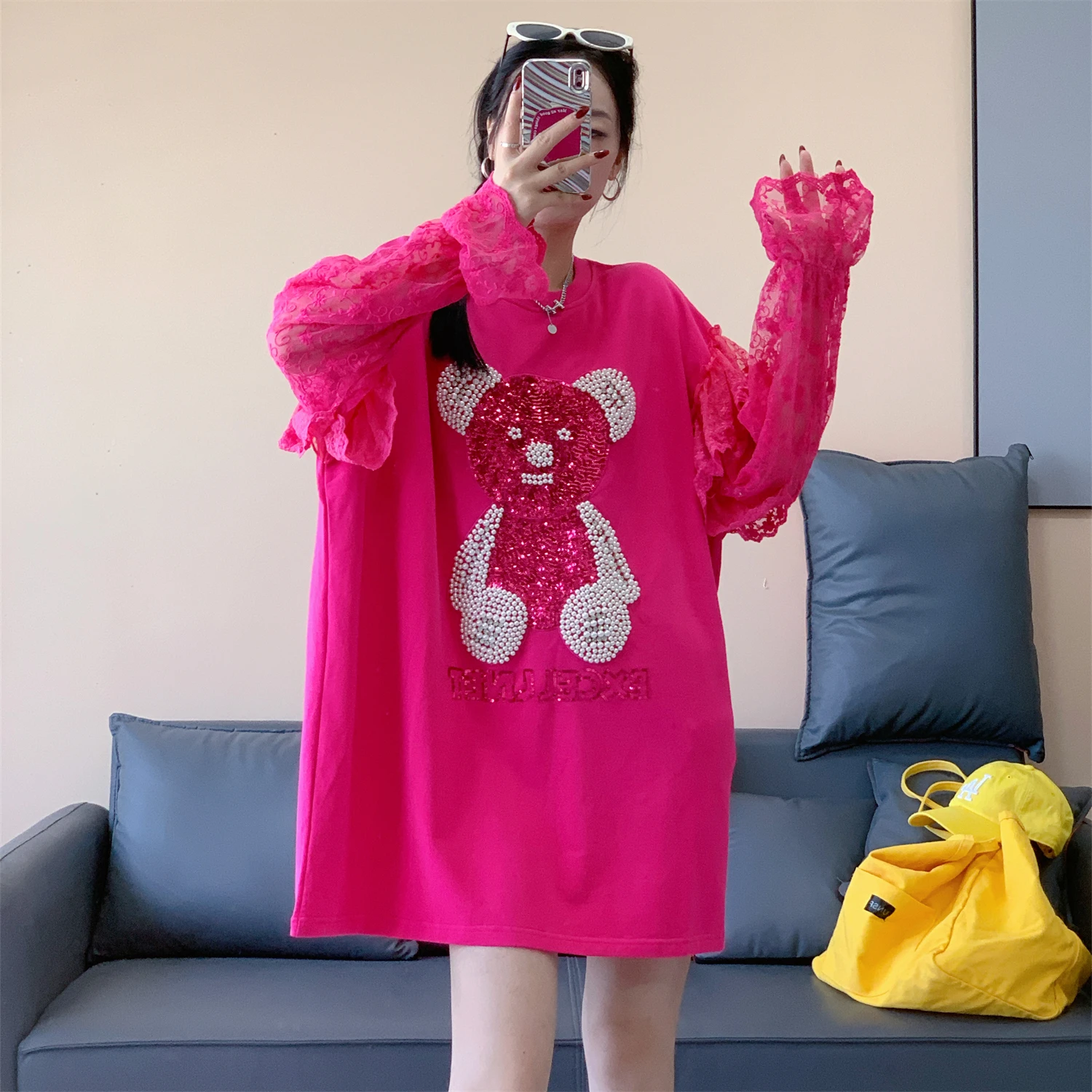 Korean Style Lace Patchwork Flared Long Sleeve Sequin Top Autumn Mid-Length Cartoon Sweatshirt for Women Anime Hoodie Sweatshirt