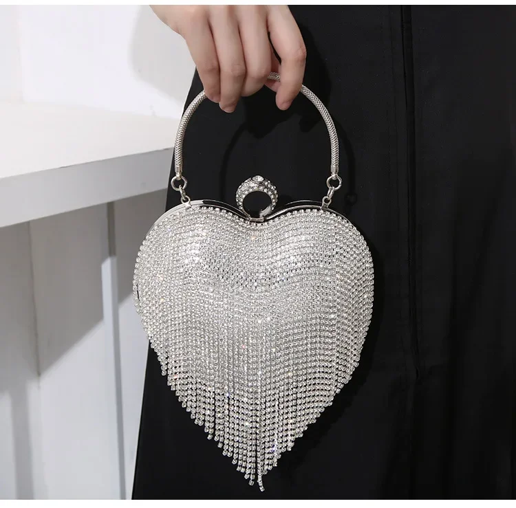 Damen-Handtasche mit silbernem Strass-Herzmuster, Diamant-Quaste, Bankett-Clutch, Hochzeits-Braut-Abendtasche – Detail 10