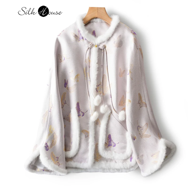 

Женское пальто из 100% натурального шелка тутового шелкопряда с принтом бабочек, тканое из золотистого парча, с отделкой из меха норки, с длинными рукавами, новинка ранней весны, класса люкс