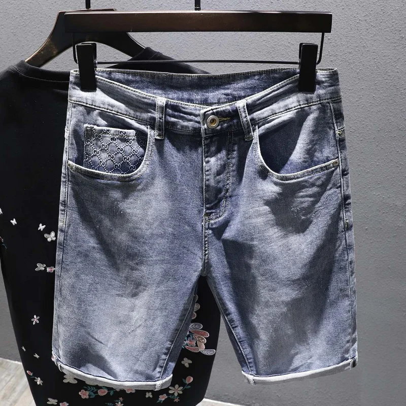 Summer blue jeans shorts men's luxury fashion high-end men's fashion casual all-match stretch slim beach denim pants