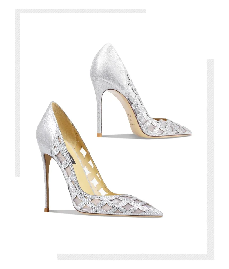 

2025 Spring and Autumn Women's High Heels Silver Leather Pointed Thin Heels Shallow Mouth Single Shoes