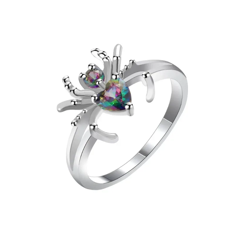 

2024 New Trend Animal Ring Silver Color Spider Halloween Present Finger for Women Fashion Jewelry Colorful Glass Filled Gifts