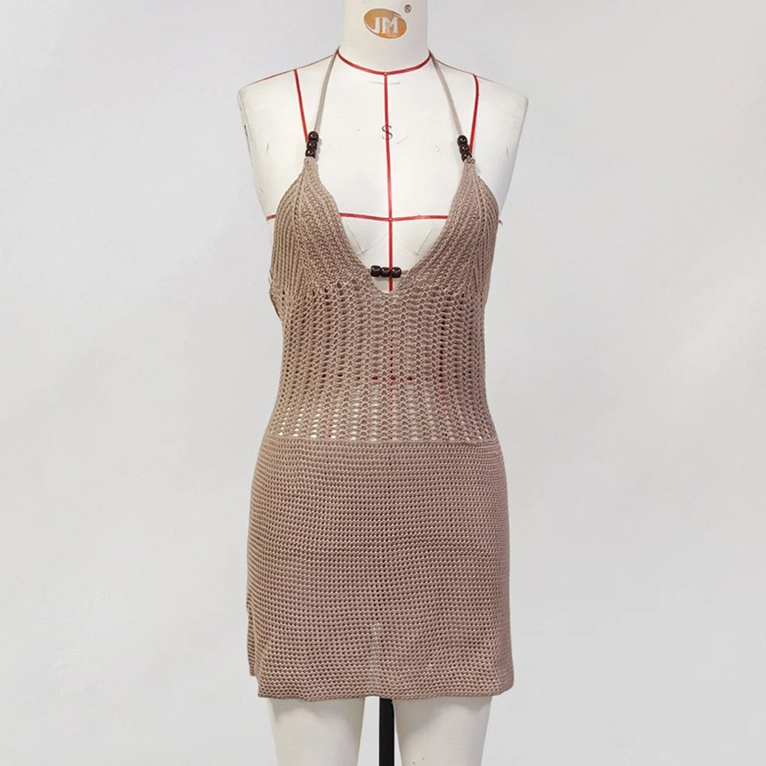 Schlankes, figurbetontes, gehäkeltes, gestricktes Strandkleid für Damen, Neckholder-Minikleid, Sommerkleid mit Ausschnitten, V-Ausschnitt, rückenfrei, sexy Partykleid V6210 – Detail 30