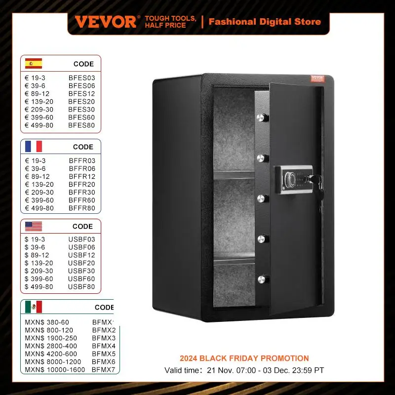 VEVOR Cassaforte a una Porta da 113,2 L con Serratura a Chiave e Password e Impronta Digitale, Cassaforte con Borsa Ignifuga, Portachiavi, Luce LED, 2 Divisori Regolabili per Denaro documenti Nero