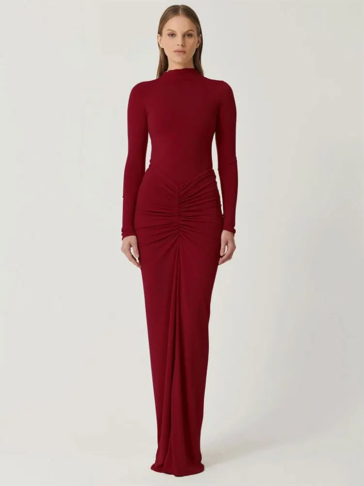 Seksowne czerwone sukienki damskie Jesień Nowa moda uliczna Fałdy O-Neck Długie rękawy Casual Slim Maxi Sukienka Elegancka damska sukienka z dzianiny