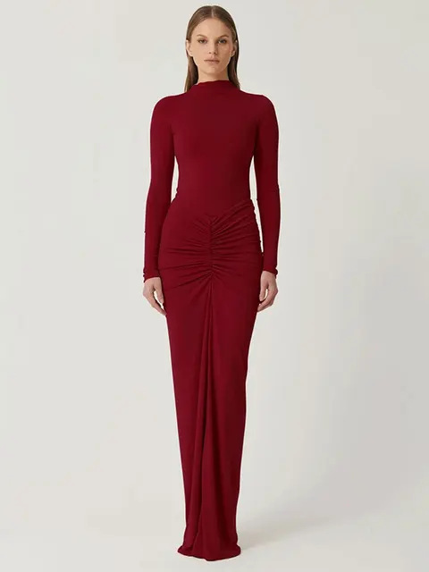 Seksowne czerwone sukienki damskie Jesień Nowa moda uliczna Fałdy O-Neck Długie rękawy Casual Slim Maxi Sukienka Elegancka damska sukienka z dzianiny