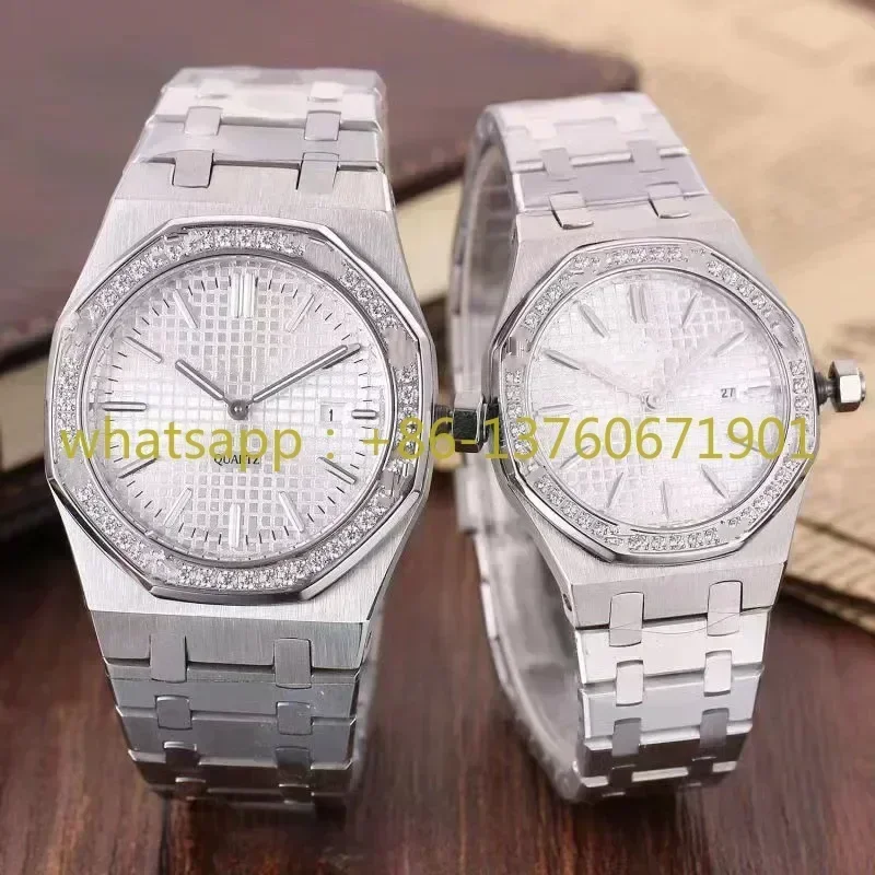 Luxuriöse neue Herren- und Damenuhr, Quarz, Saphir, Silber, Schwarz, Weiß, Diamanten