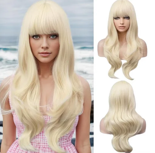 Barbie Movie Blonde Wig Long Wavy Wig with Bangs Synthetic Wig Long Wig Blonde Wigs for Cosplay Costume Party