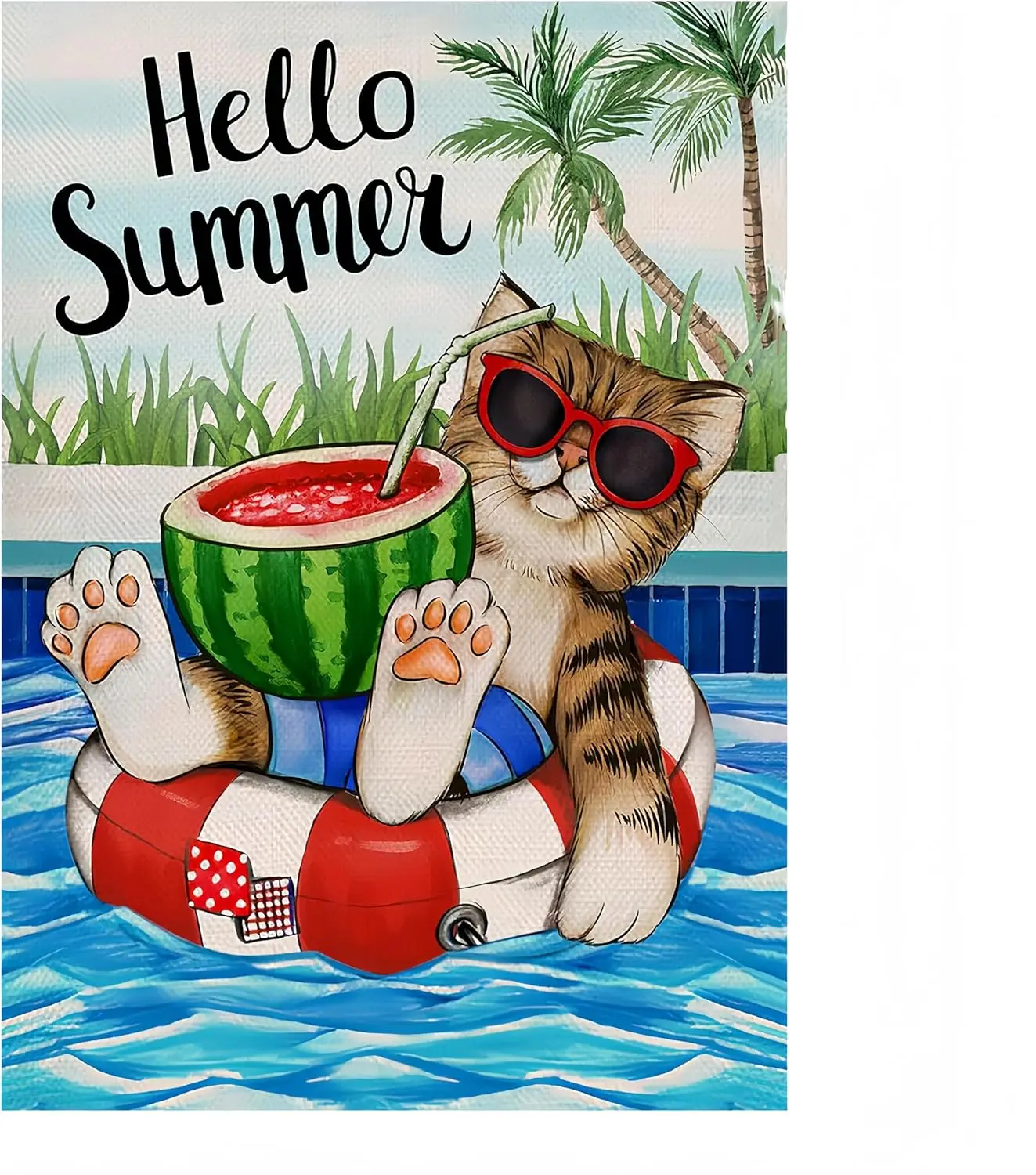 GGCC 7 FALG 12x18 inch Patio, Lawn & Garden outdoor flags - Summer Cat Garden Flag - Cat in a Watermelon Floatie