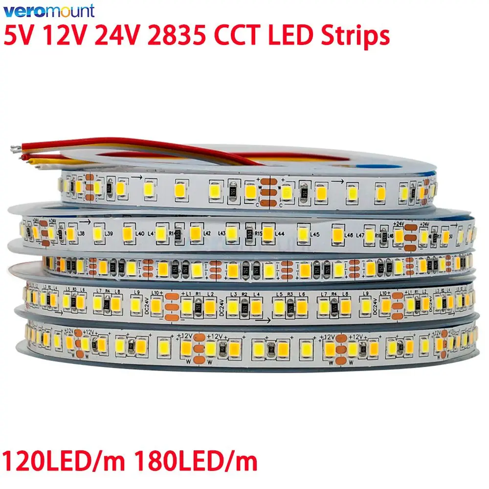 Tira de luces LED de doble Color, cinta Flexible ajustable a la temperatura, 5m, SMD 2835, CCT, 5V, 12V, 24V, CC, WW, CW