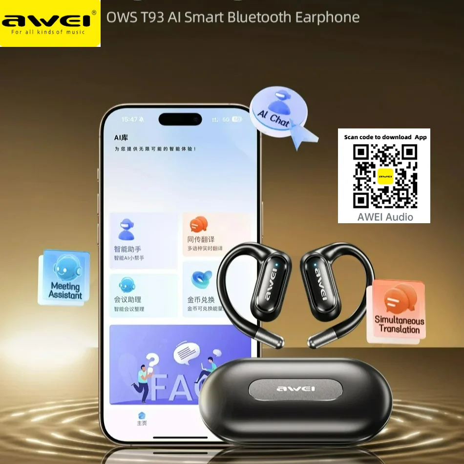 

New AWEI AI Translator Earbuds OWS Sport Earphone Bluetooth 5.4 Wireless Not inear Hi-Fi Headphone IPX6 Travel ENC Handfree Call